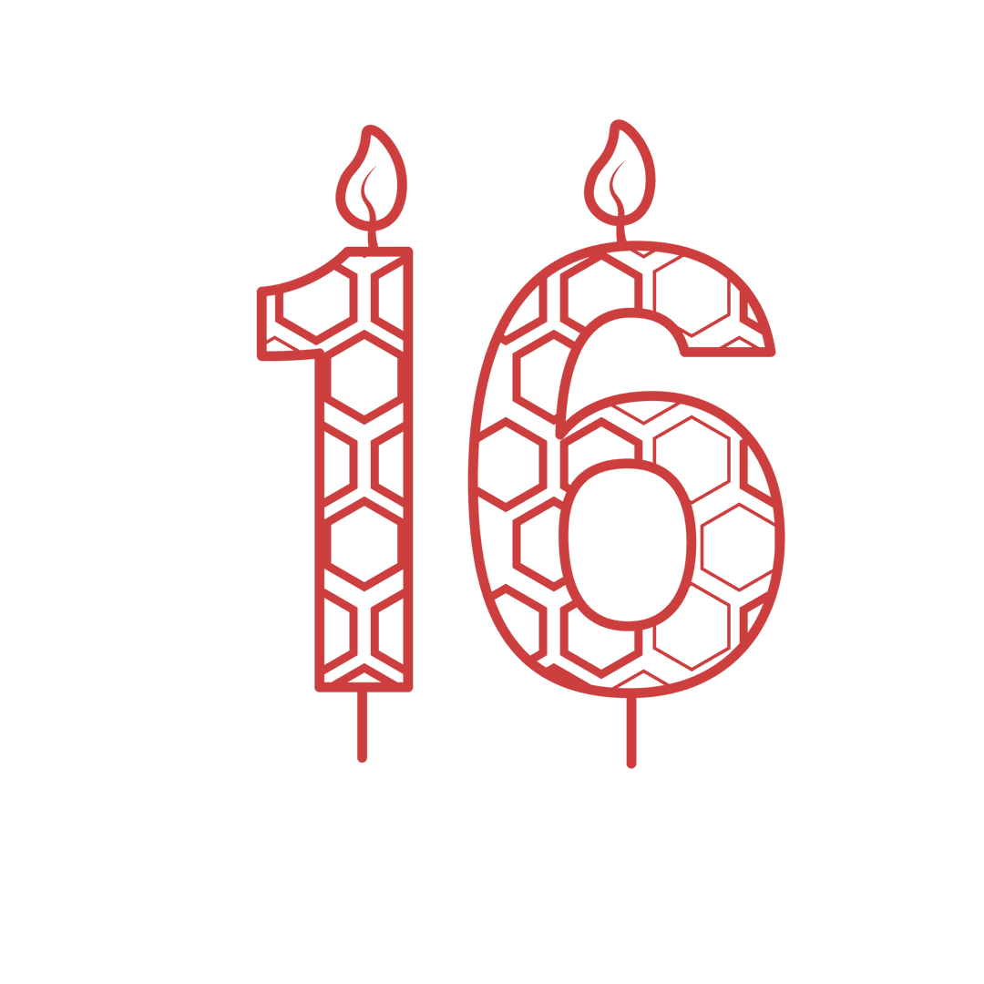 Hexagon Pattern Red 16 Birthday Candle on Transparent Background