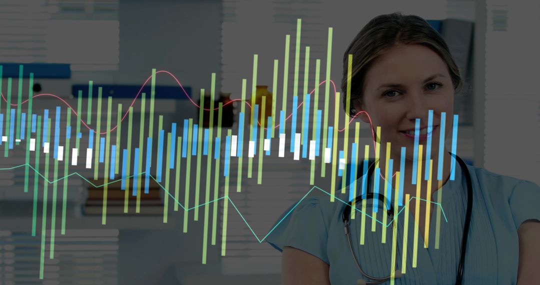 Smiling nurse monitoring clinical data overlay with stethoscope and digital dashboards