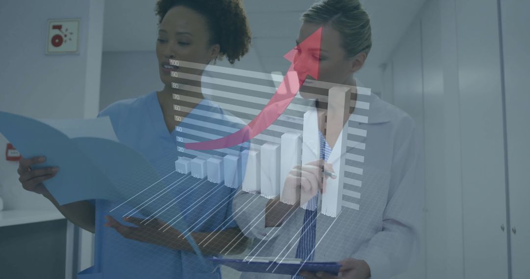 Doctor and Nurse Analyzing Data with Chart Overlay in Modern Corridor