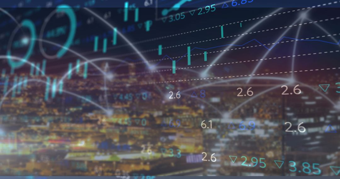 Futuristic Financial Analytics with Skyline Overlay and Data Visualization