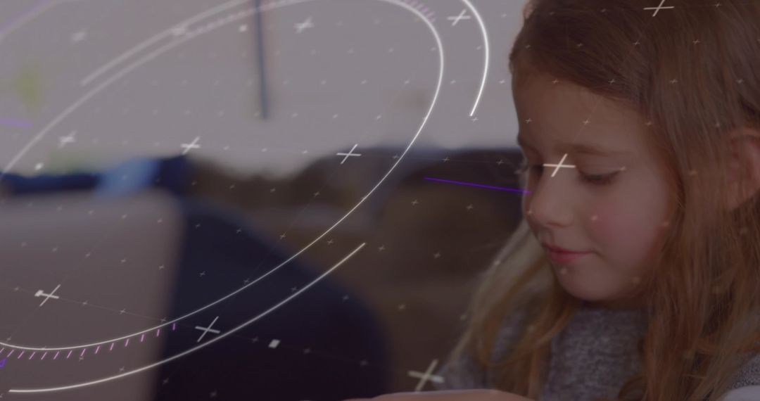 Child Engaging with Technology Amid Digital Interface Overlays