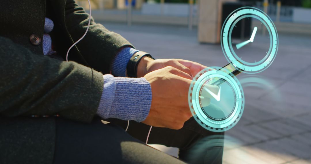 Smartphone Use by Businessman with Digital Clocks