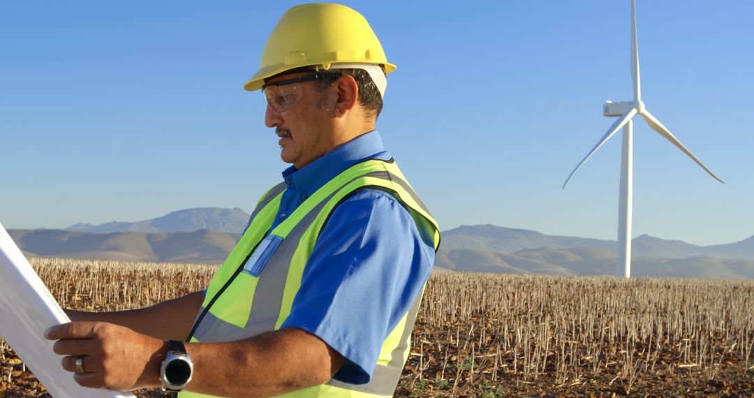 Engineer Analyzing Blueprints of Wind Farm in Open Field