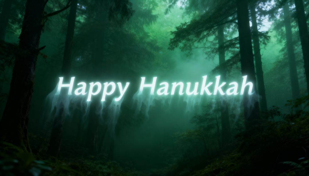 Ethereal Happy Hanukkah Glow Floating in Misty Evergreen Forest