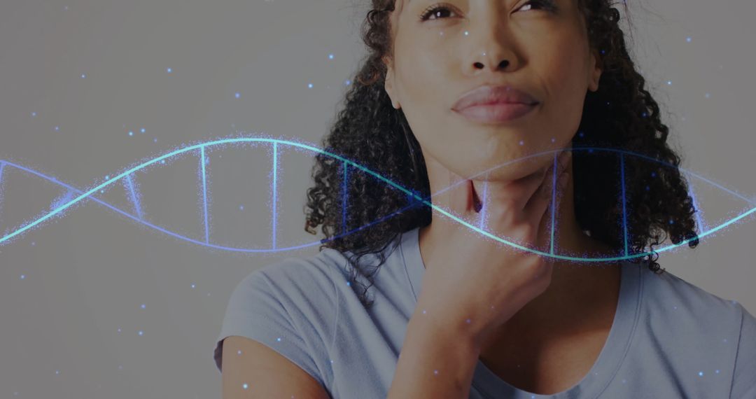 Thoughtful Woman Overlaid with DNA Helix Symbolizing Genetic Research