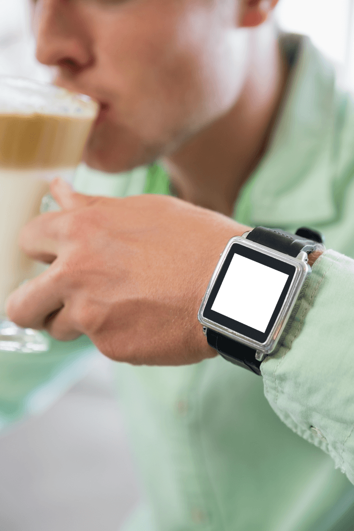 Transparent Smart Watch on Young Man Wrist Drinking Latte
