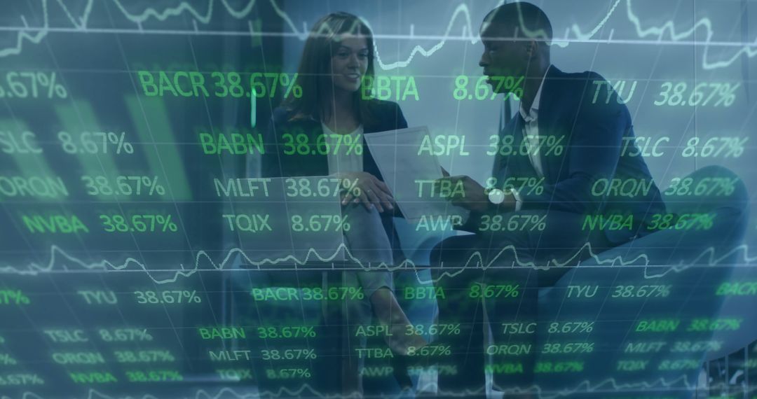 Business Professionals Analyzing Documents with Stock Data Overlay