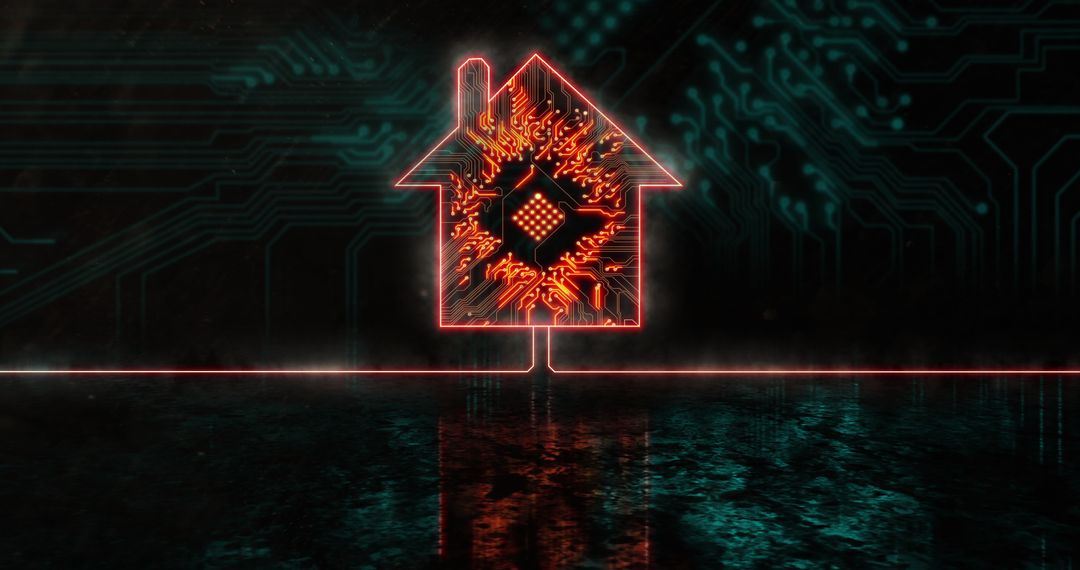 Glowing House Icon with Processor Symbolizing Smart Technology