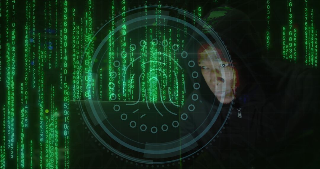 Hooded Hacker Accessing Biometric Data Amidst Digital Code
