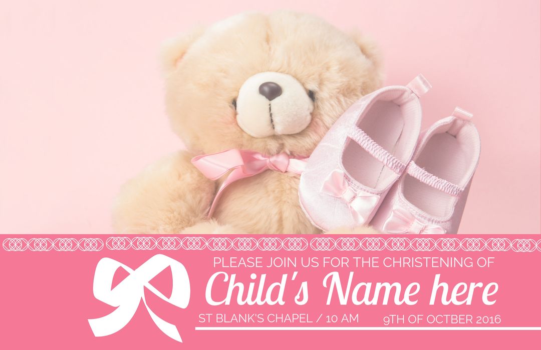 Christening Invitation with Teddy Bear and Baby Shoes - Download Free Stock Templates Pikwizard.com