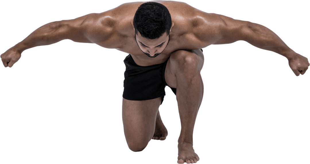 Muscular Man Flexing on One Knee, Transparent Background