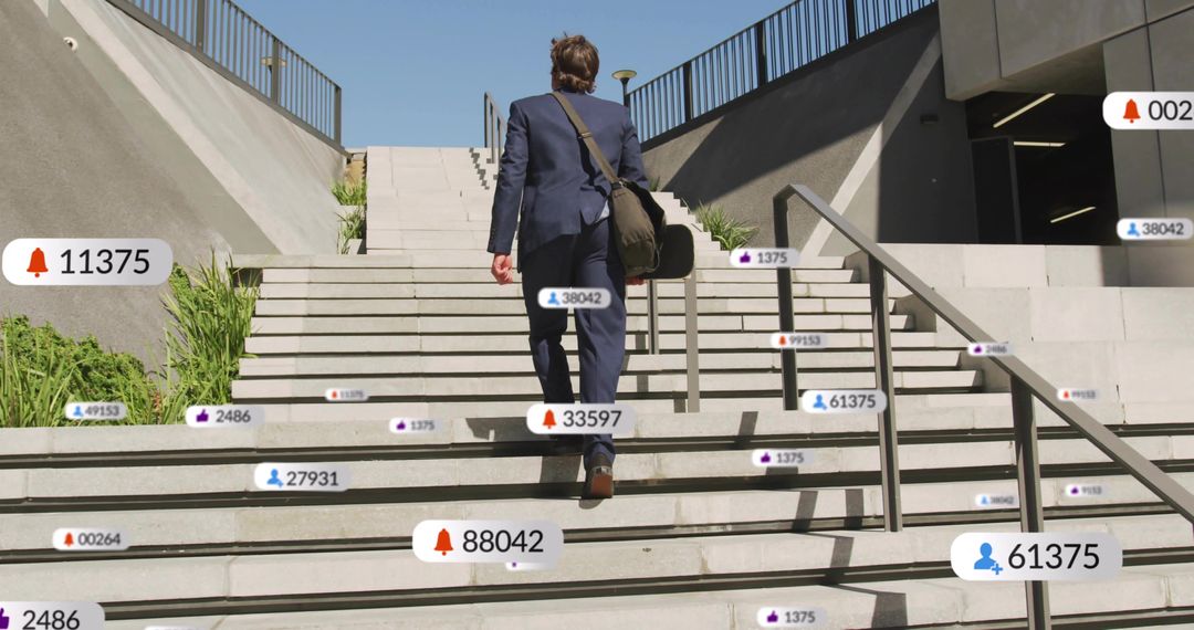 Businessman climbing urban stairs carrying messenger bag with floating social notification overlays