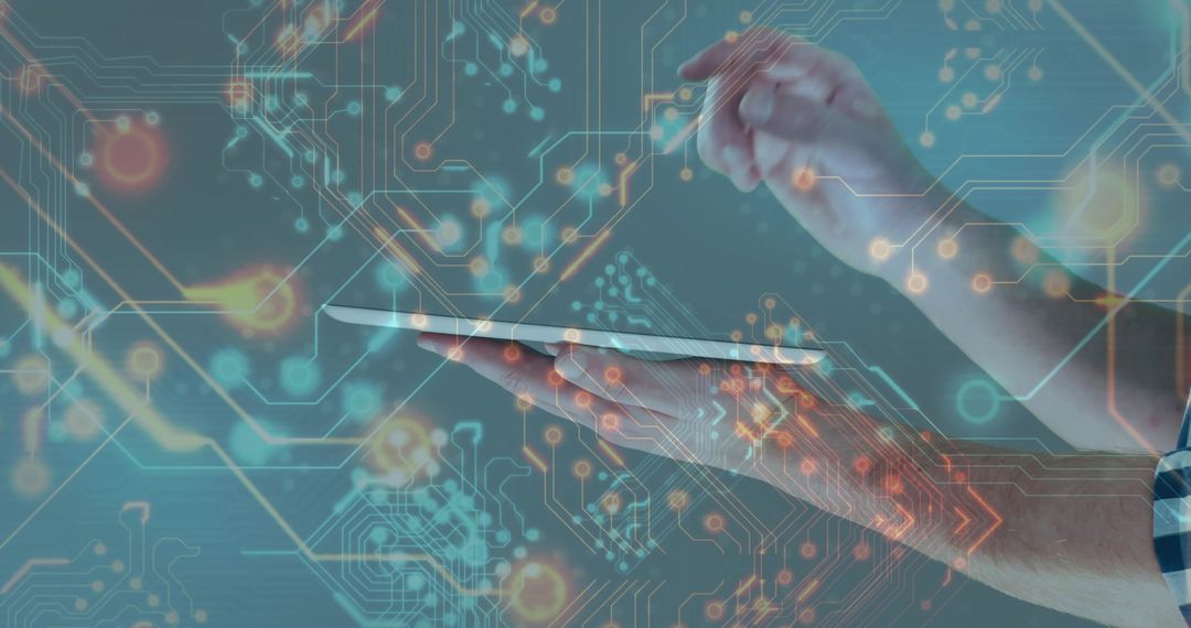 Hands Holding Tablet with Futuristic Circuit Overlay