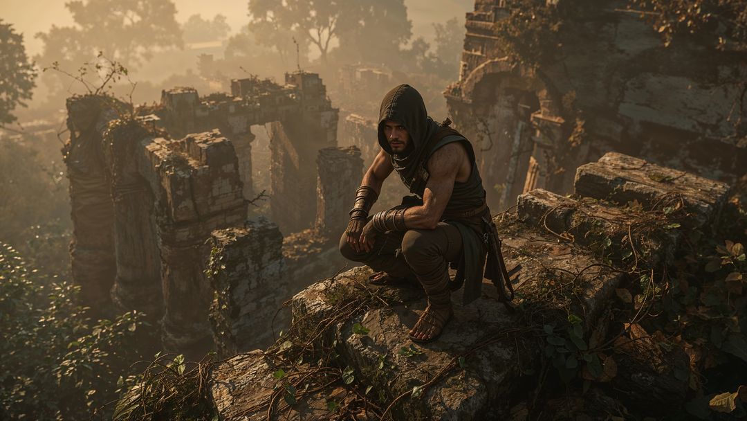 Rugged hooded assassin explorer in ancient jungle ruins with sword