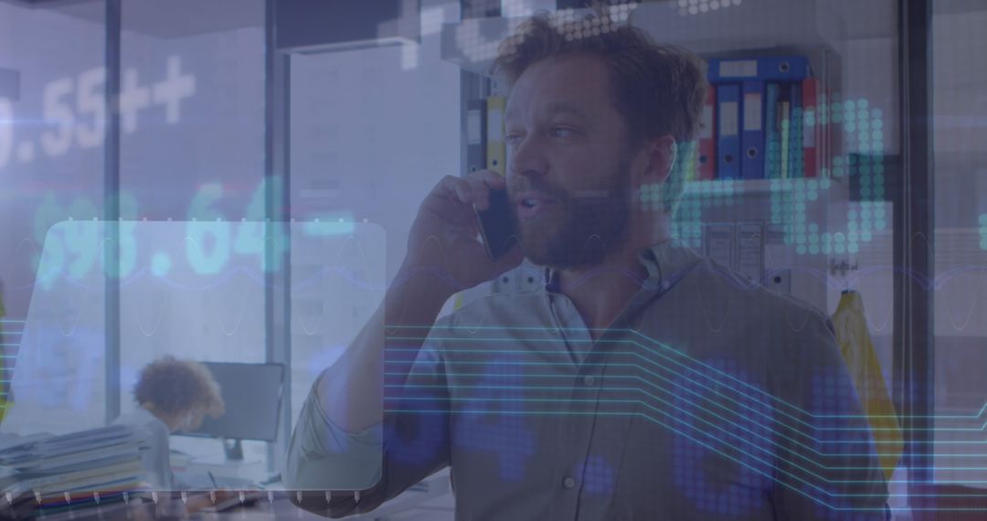 Businessman Analyzing Financial Data with Smartphone in Modern Office