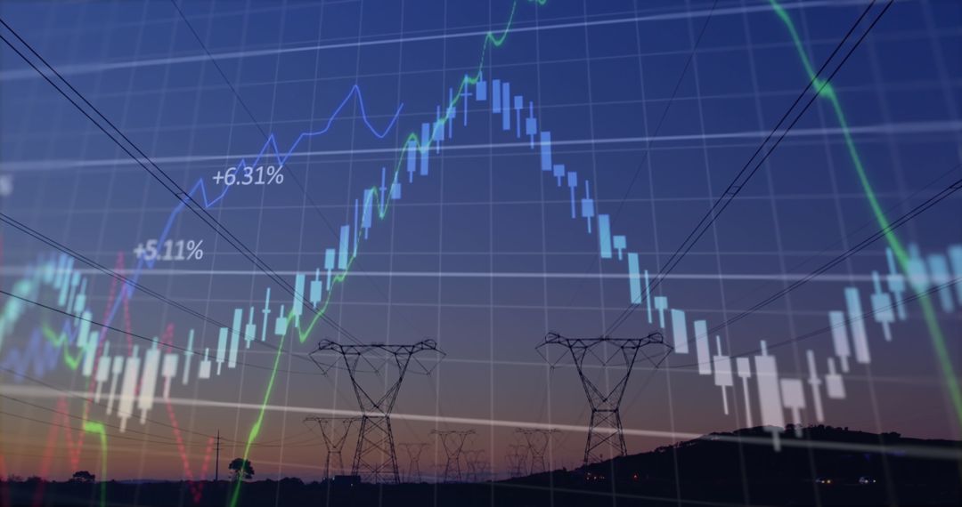 Financial Graph Overlay on Power Lines at Dusk