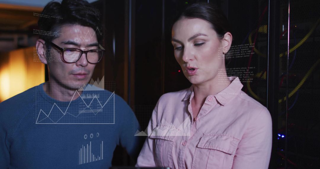 IT Professionals Analyzing Data in a Server Room Environment