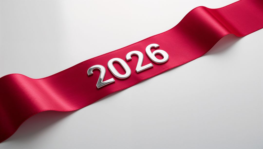 Elegant red satin ribbon with silver 2026 numerals on light-gray backdrop for New Year
