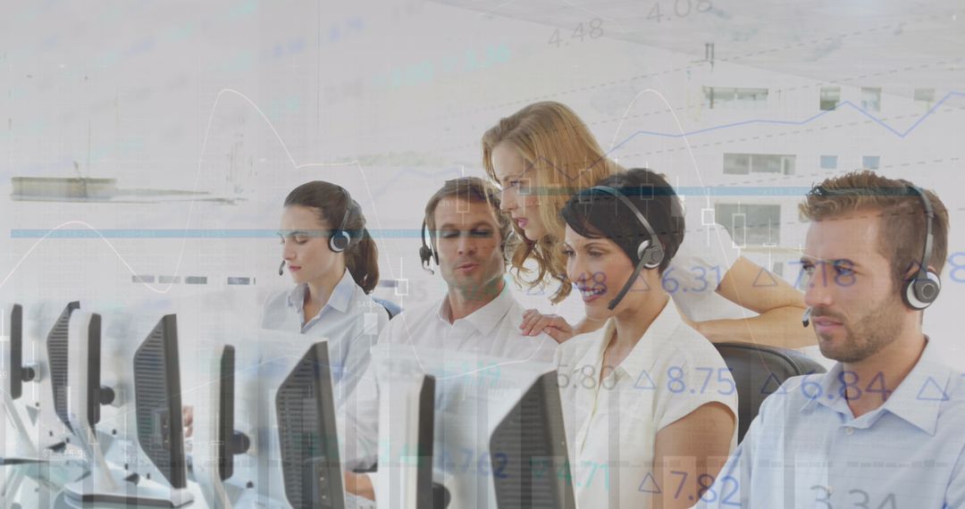 Business Team Collaborating with Technology Overlay