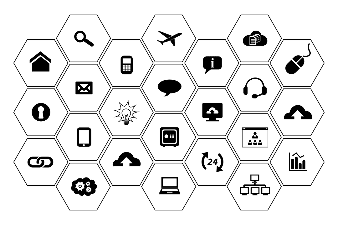 Transparent Digital Computing Symbols in Hexagons Illustration