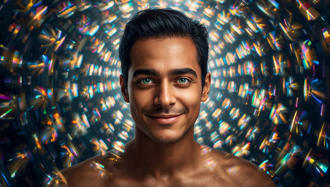Bare-chested Indian man smiling in prismatic halo portrait with radiant bokeh headshot