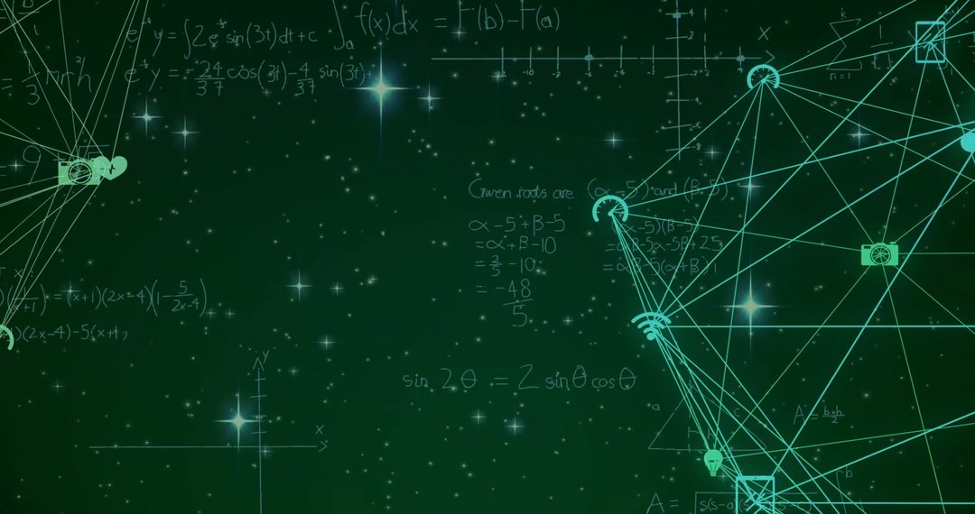 Network Icons Overlaying Mathematical Equations on Starry Sky