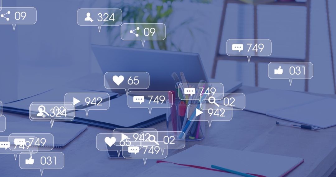 Digital Addiction Depicted Through Social Media Icon Overlay in Modern Office