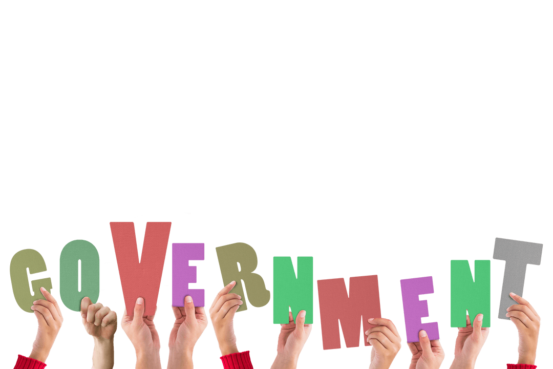 Hands Holding Colorful Letters Forming Government on Transparent Background