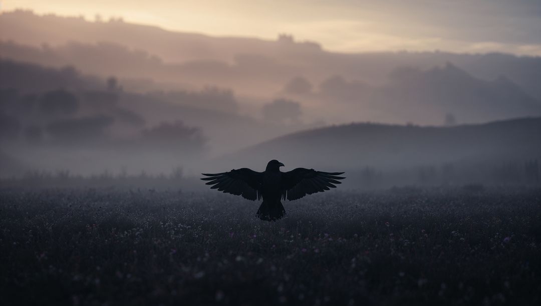 Solitary Black Bird Spreading Wings in Misty Morning Meadow