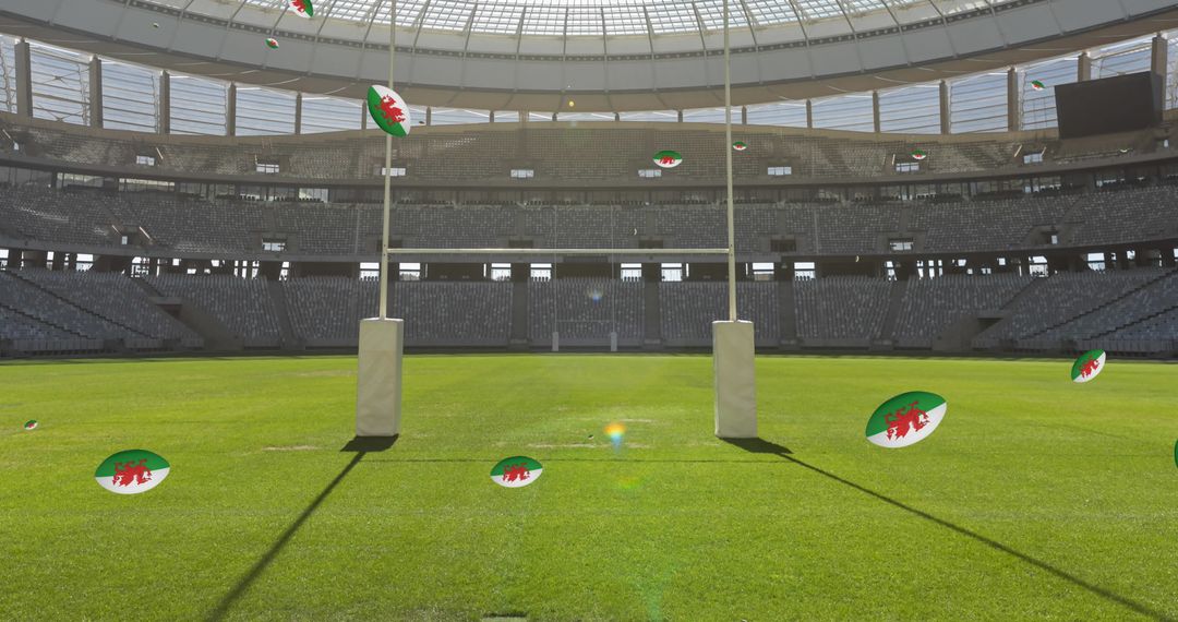 Rugby Balls with Welsh Flag Hovering in Stadium - Free Images, Stock Photos and Pictures on Pikwizard.com