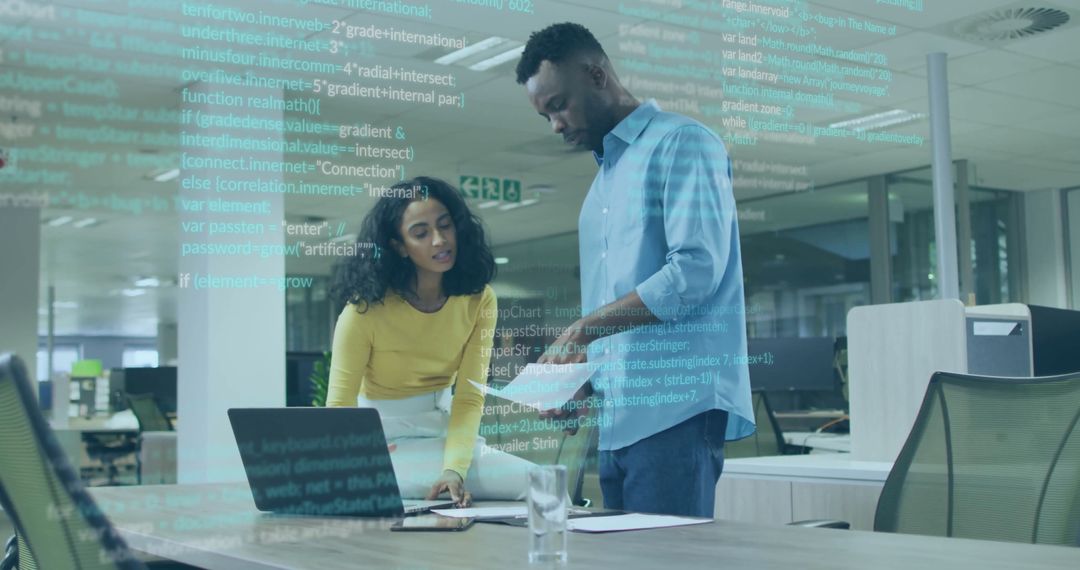Coworkers Collaborating in Modern Office with Code Overlay