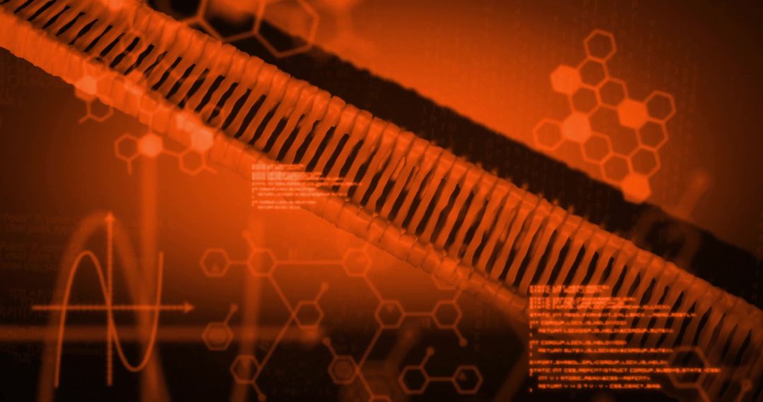 Digital DNA Strand with Chemical Formulas on Orange Background