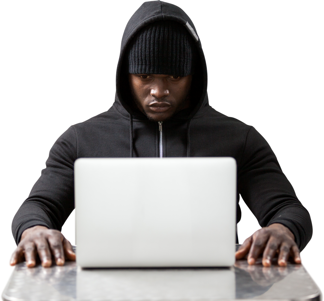 Serious Male Hacker with Laptop Wearing Hood Sitting at Table, Transparent Background - Download Free Stock Images Pikwizard.com