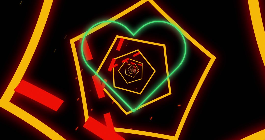 Neon Heart and Vibrant Shapes in Dark Abstract Display