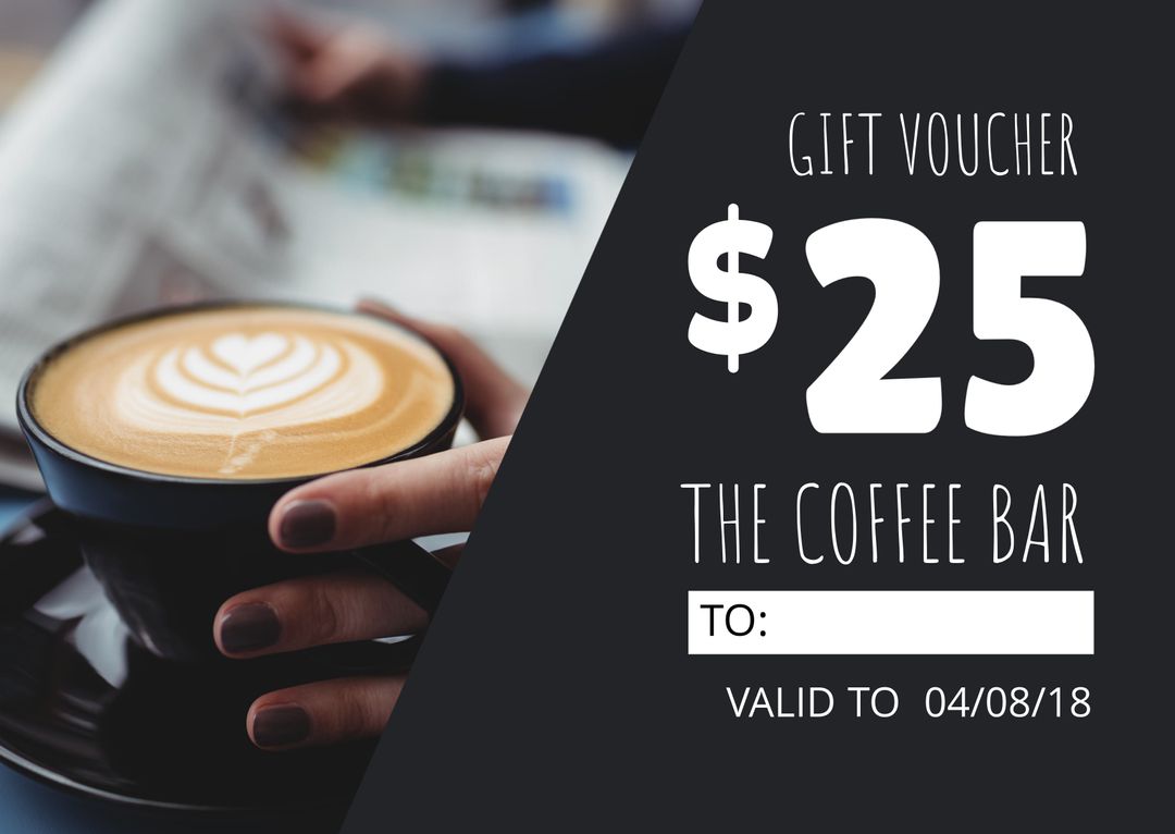 $25 Coffee Bar Gift Voucher with Latte Art and Fresh Brewed Cup - Download Free Stock Templates Pikwizard.com