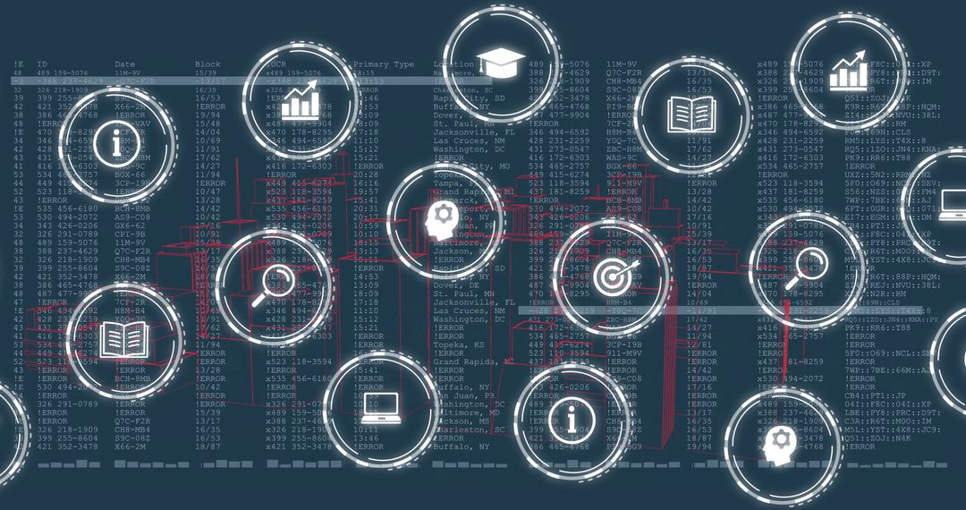 Icon Network Featuring Technology and Data Analytics on Blue Background