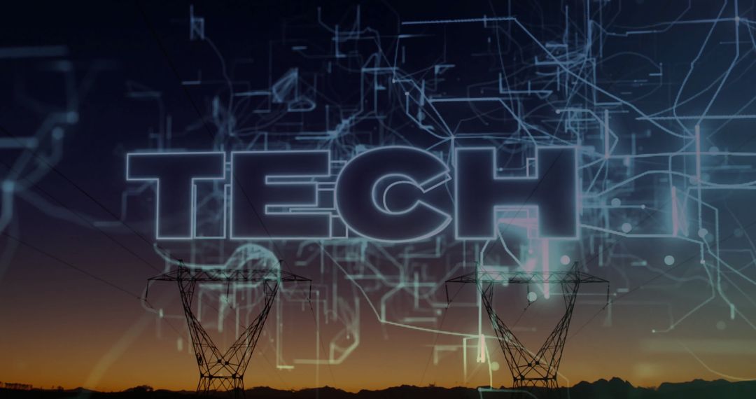 Glowing TECH Word over Digital Circuitry and Power Towers