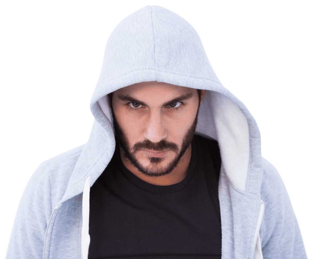 Transparent Hooded Man with Intense Stare