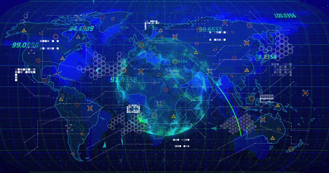 World map with digital overlay and data visualization