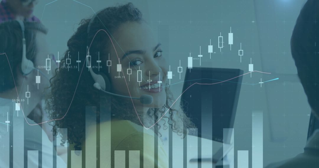 Business Professionals Using Computers with Financial Data Overlay