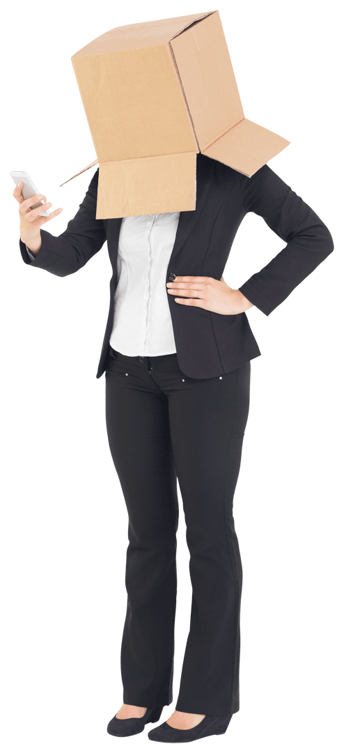 Transparent Businesswoman Wearing Box Using Smartphone