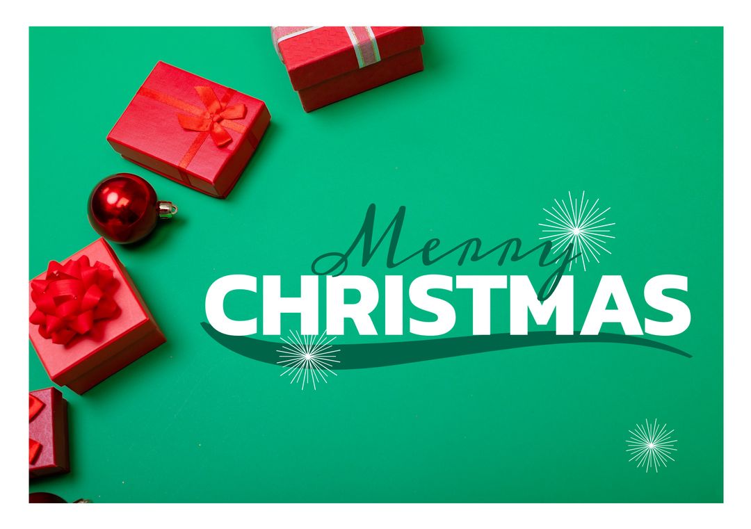 Merry Christmas Greeting with Red Gifts and Ornaments on Green Background