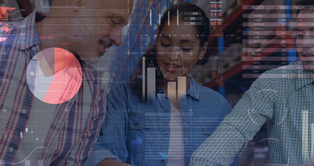 Volunteers Sorting Donations with Data Overlay in Warehouse