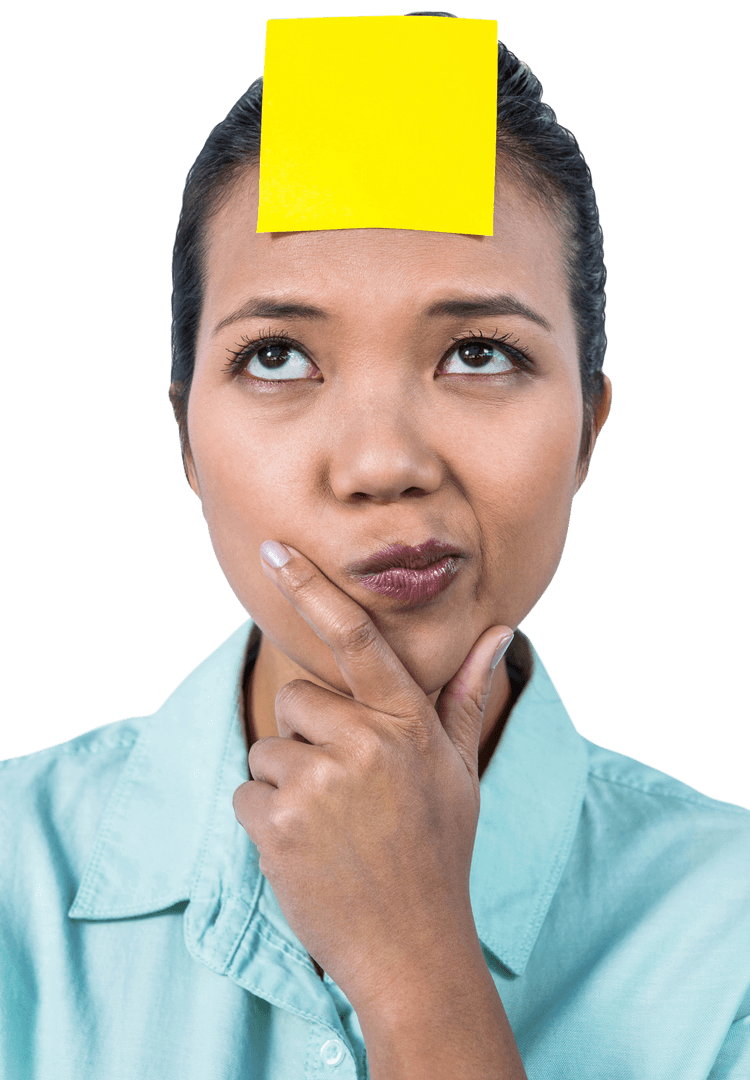 Thoughtful Woman with Yellow Note on Head Transparent Background