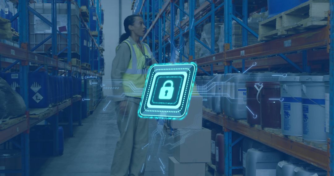 Warehouse Worker Using Advanced Security Hologram for Inventory