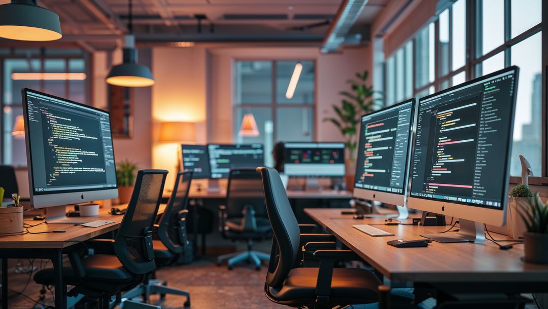 Modern tech office workspace with dual monitors for website designs