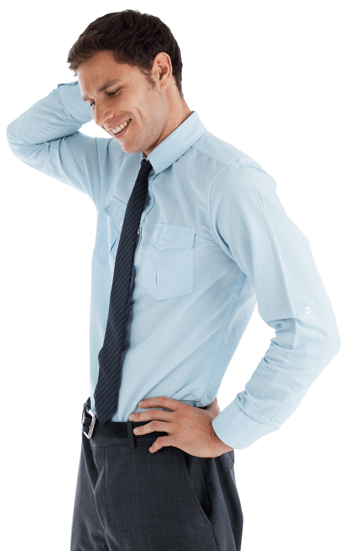 Transparent Thinking Businessman Smiling with Hand on Head