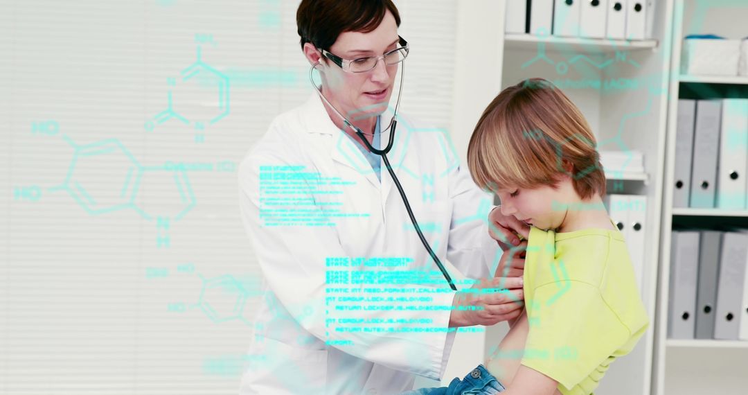Female Doctor Examining Young Boy with Digital Interface