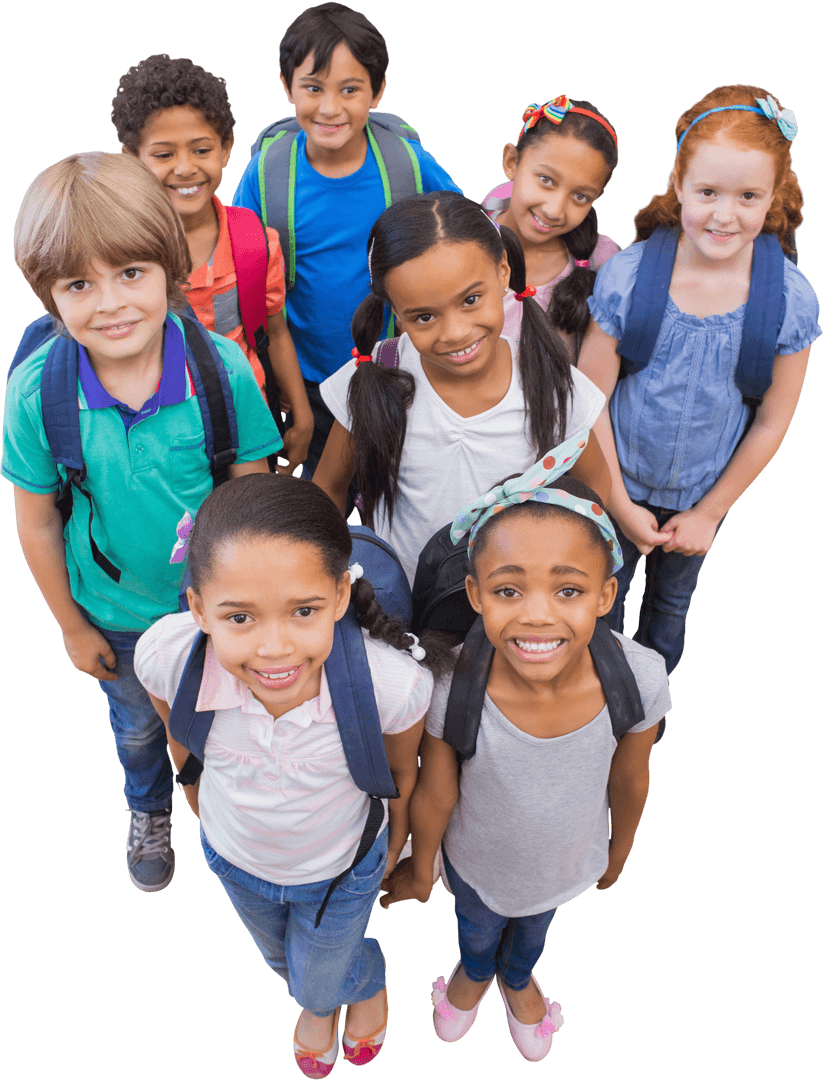 Diverse Group of Happy School Children with Backpacks Transparent Background