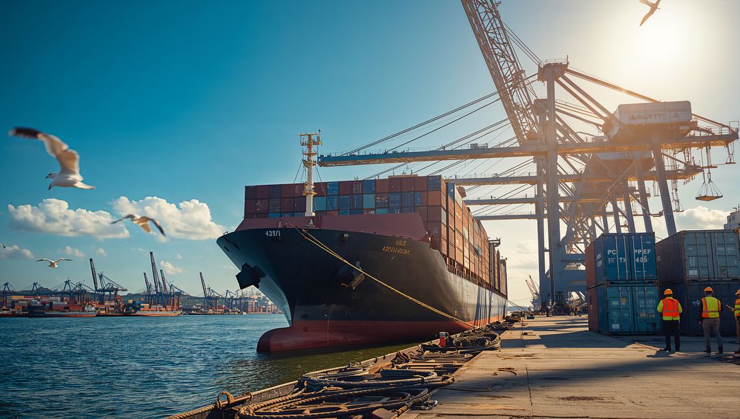 Container Ship Docking at Industrial Port with Gantry Cranes, Workers and Seagulls at Sunset
